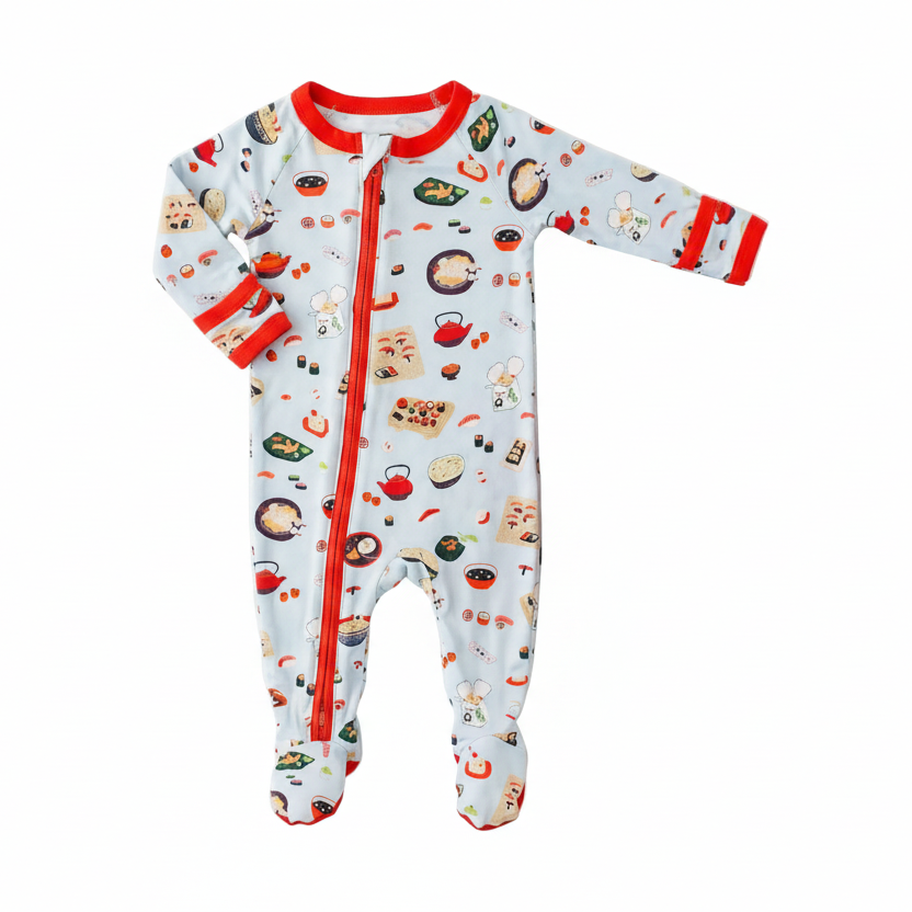 Blue baby footie pajamas with a sushi and ramen print and a full-length zipper