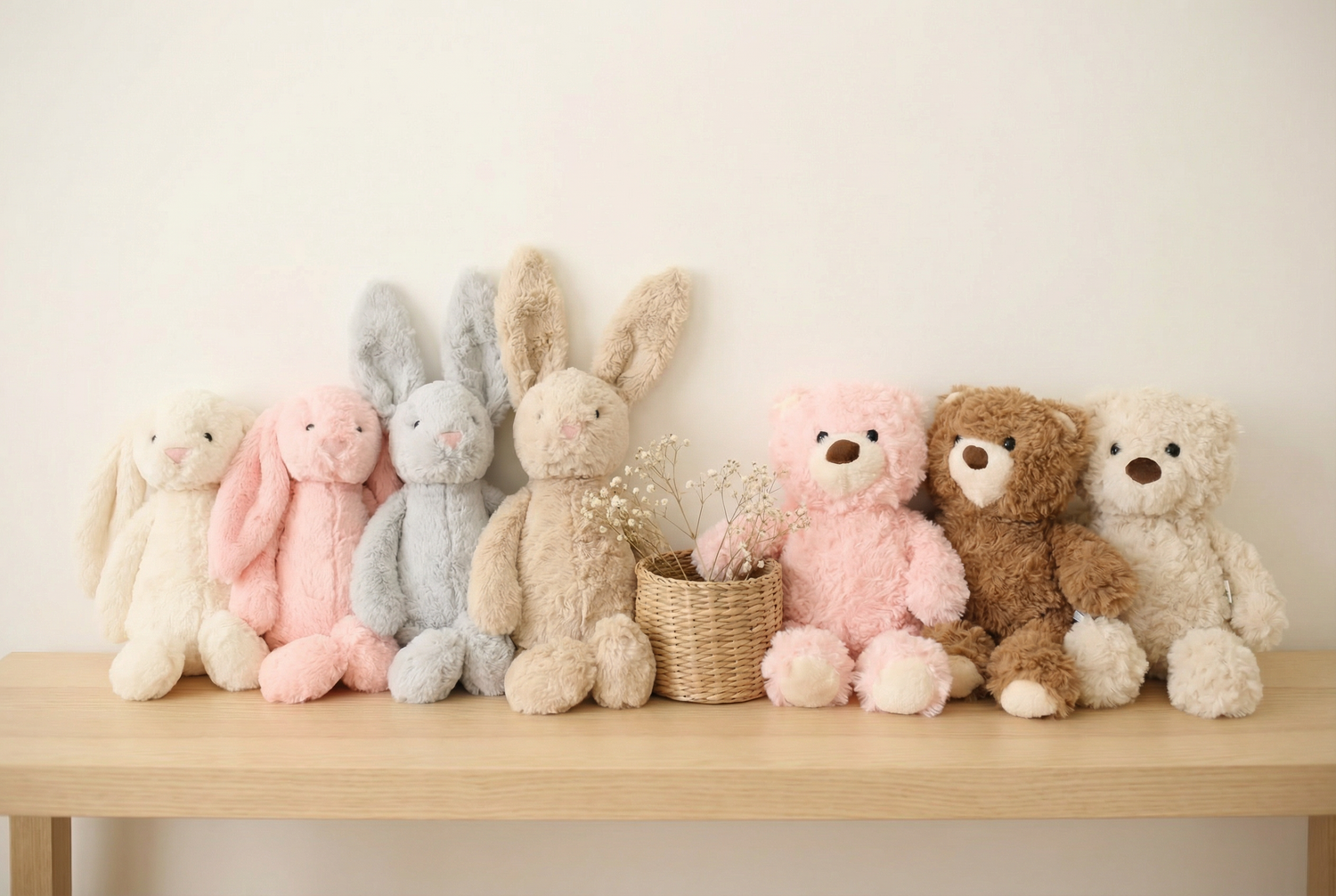 Fluffy pink plush teddy bear cuddle buddy sitting on a table.