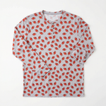Men's Henley cloud top in red and white with three natural wooden buttons at the neckline.