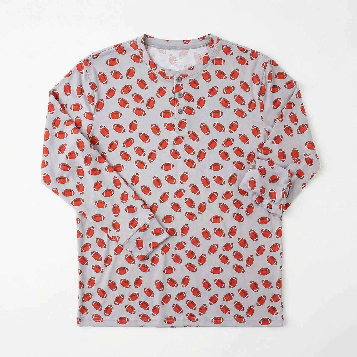 Men's Henley cloud top in red and white with three natural wooden buttons at the neckline.