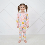 Long-sleeve two-piece baby pajamas printed with a parade of colorful Easter eggs, top and matching pants