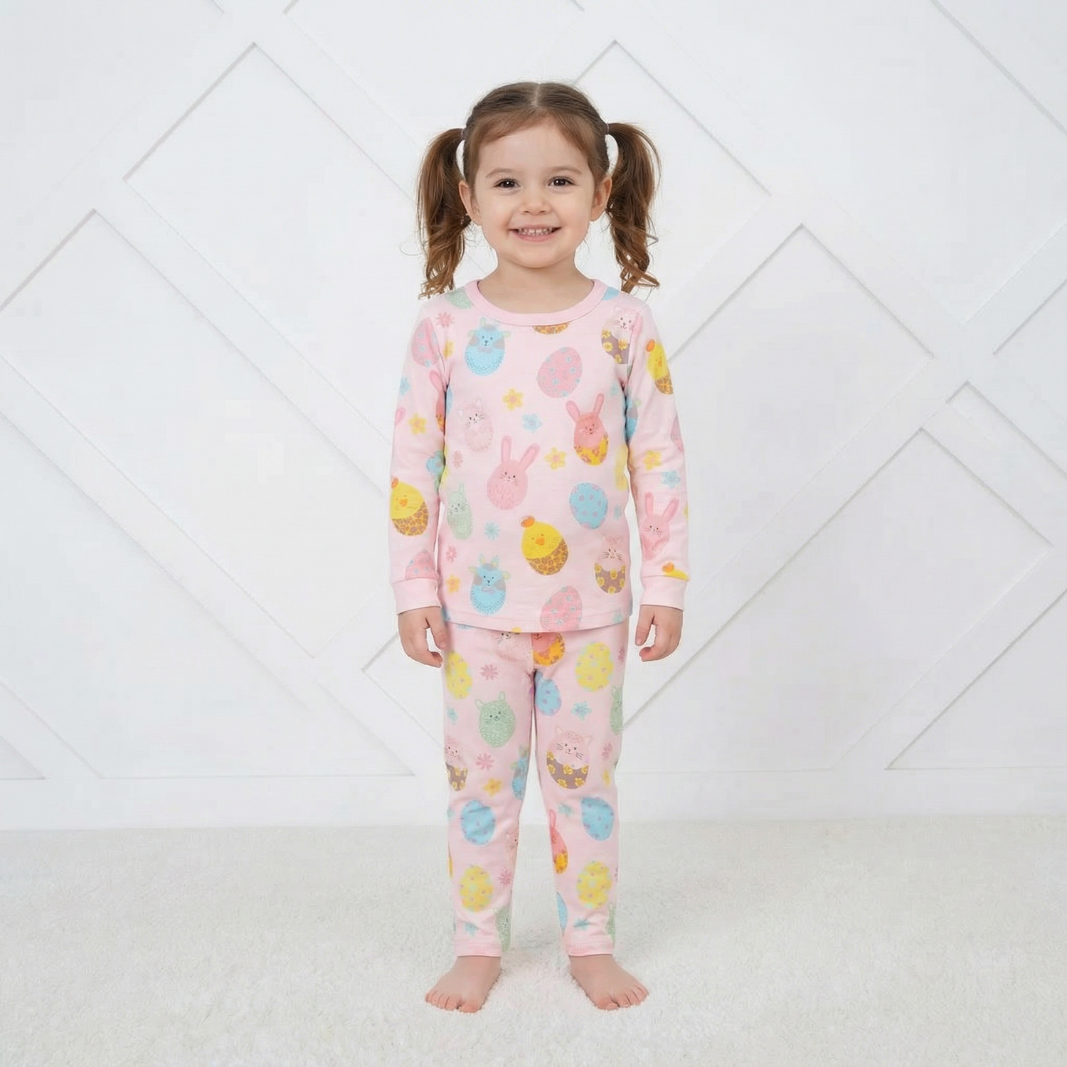 Long-sleeve two-piece baby pajamas printed with a parade of colorful Easter eggs, top and matching pants