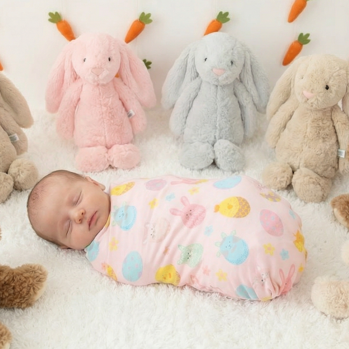 Easter Parade swaddle blanket with a spring holiday print, spread flat to show the pattern.