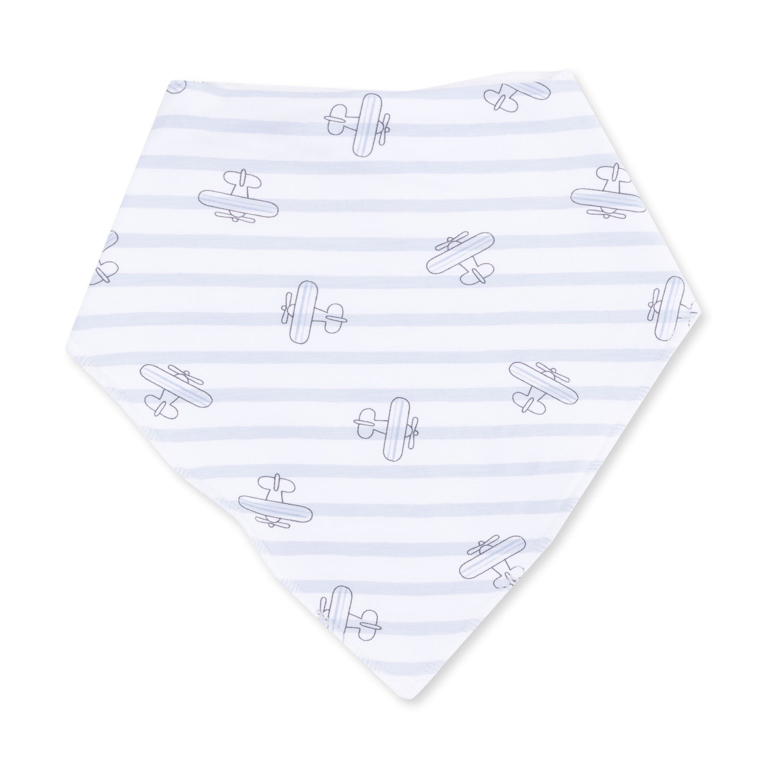 Bandana bib in an airplane stripe print with snap closure at the back