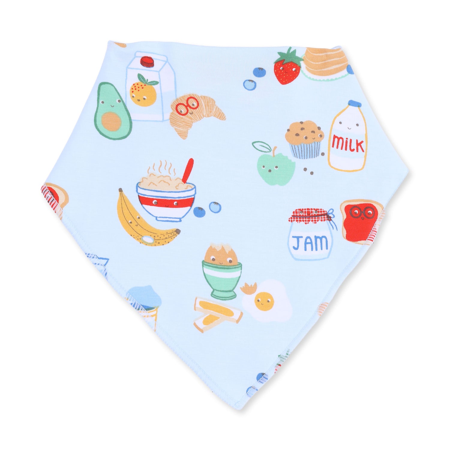 Bandana bib in blue Breakfast Club print with breakfast food illustrations and snap closure at the neck