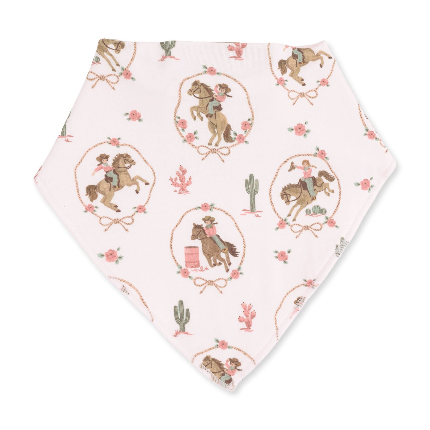 Bandana-style baby bib with a cowgirl cameo print and snap closure at the neck.