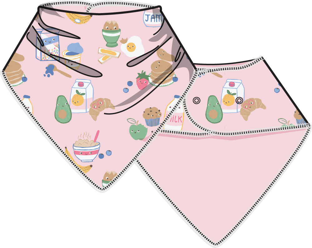 Pink bandana-style baby bib with a playful Breakfast Club print and snap closure