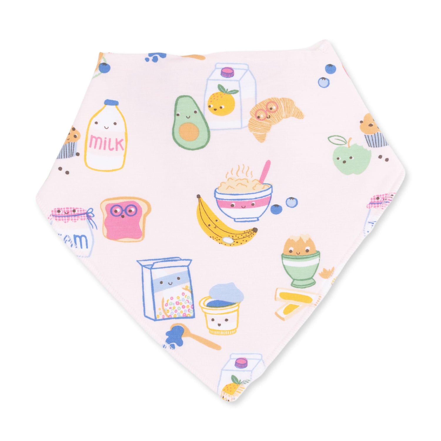 Pink bandana-style baby bib with a playful Breakfast Club print and snap closure