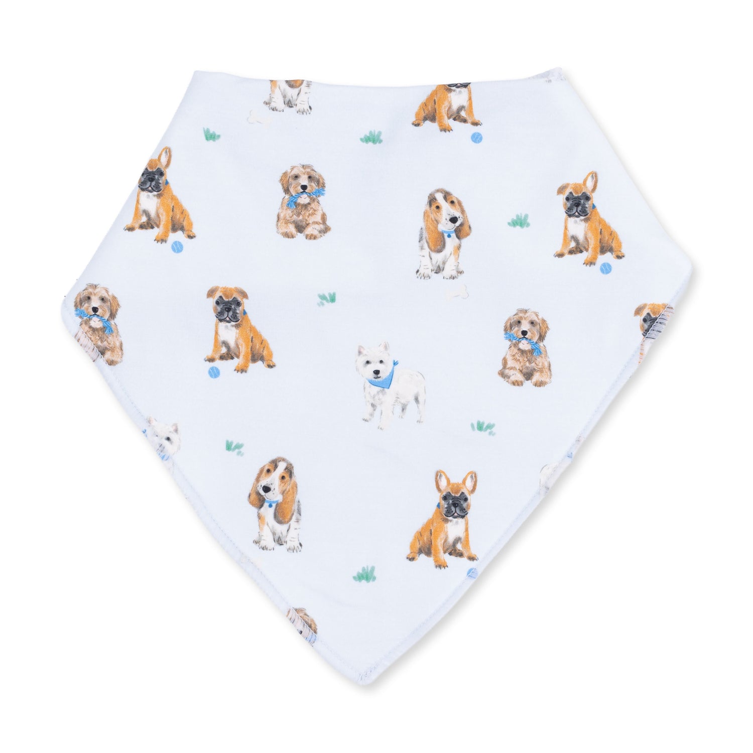 Bandana bib in blue with a playful print of dog faces and adjustable snap closure