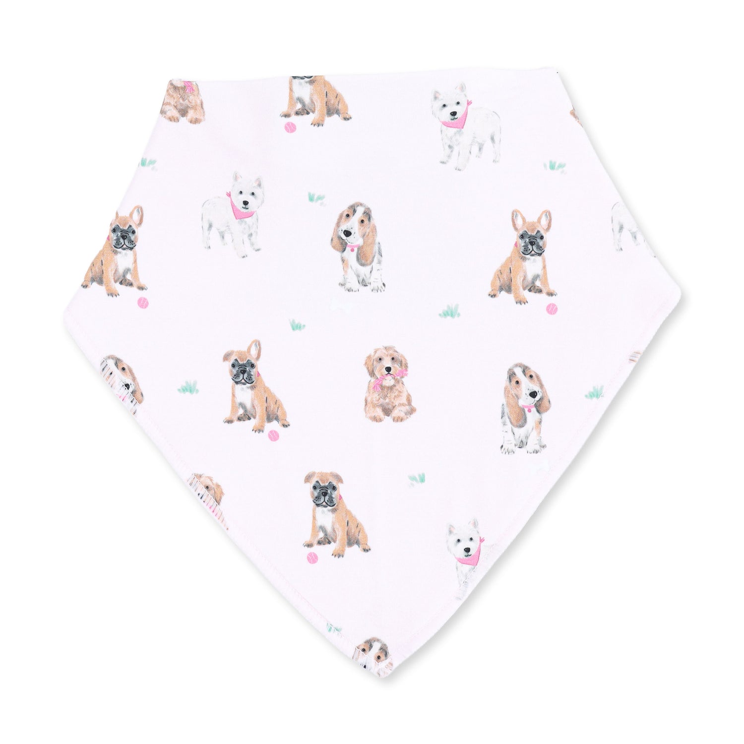 Pink bandana-style baby bib with a repeating print of little dogs and snap closure