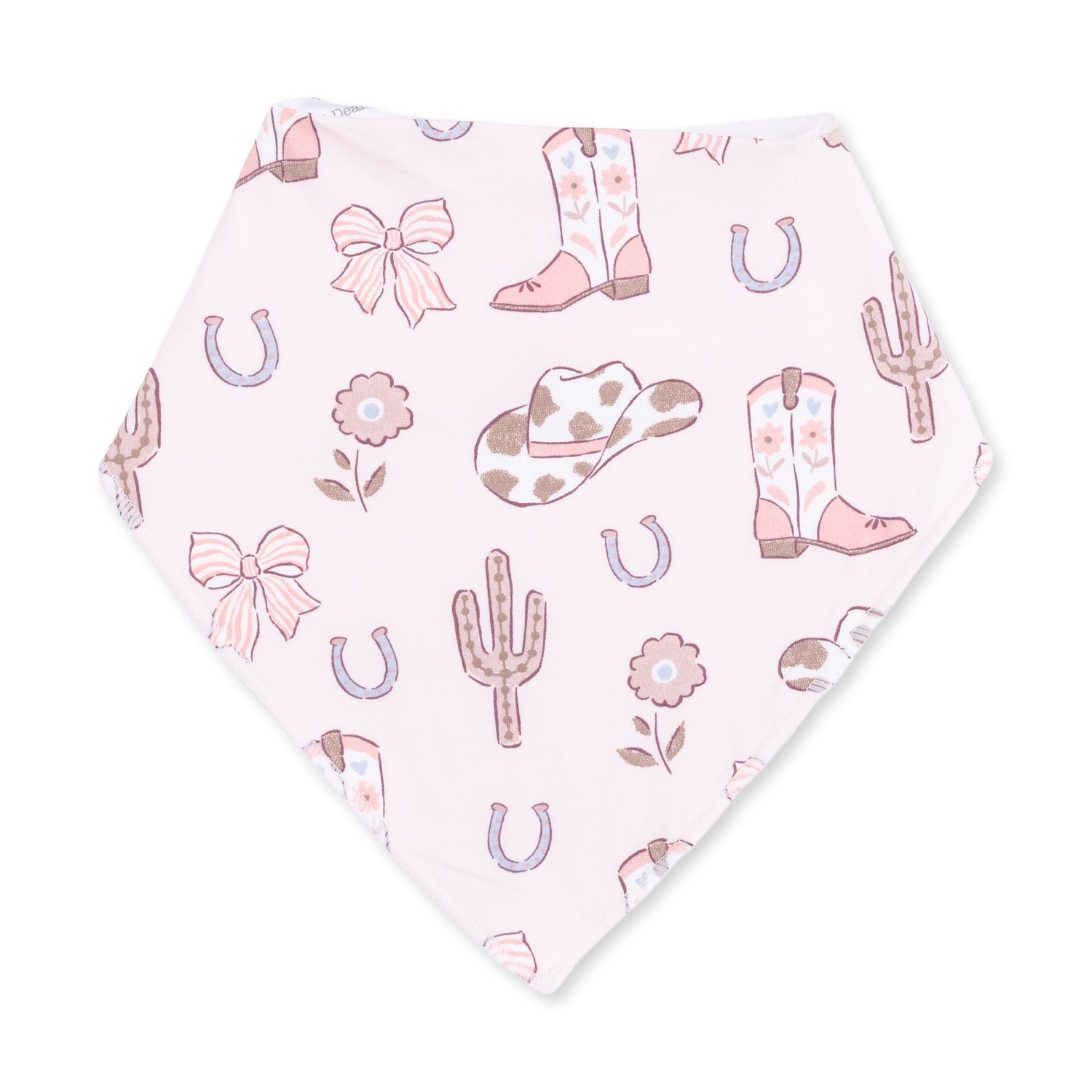 Bandana-style baby bib with a cowgirl boots and bows print in Western colors.