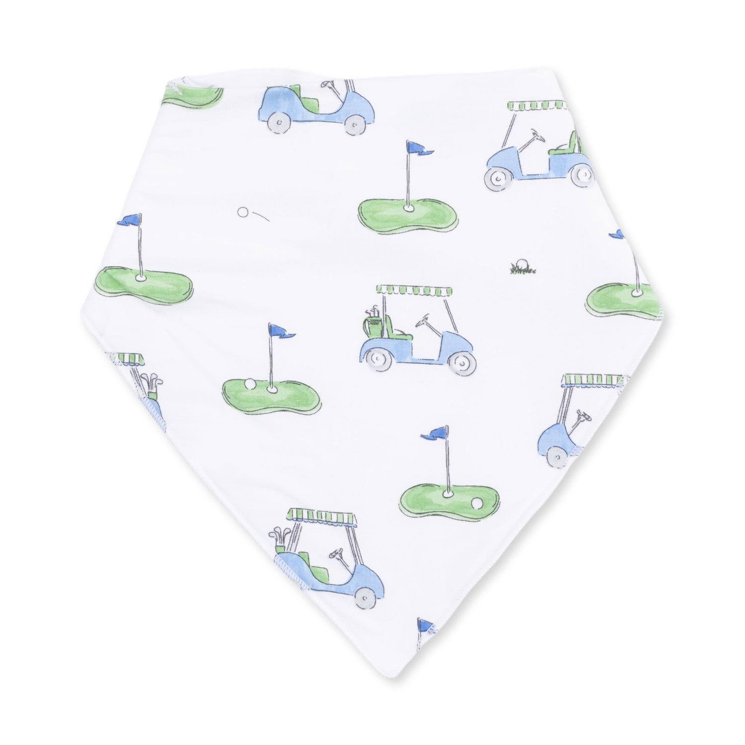 Bandana bib in blue with a golf cart print and snap closure at the neck