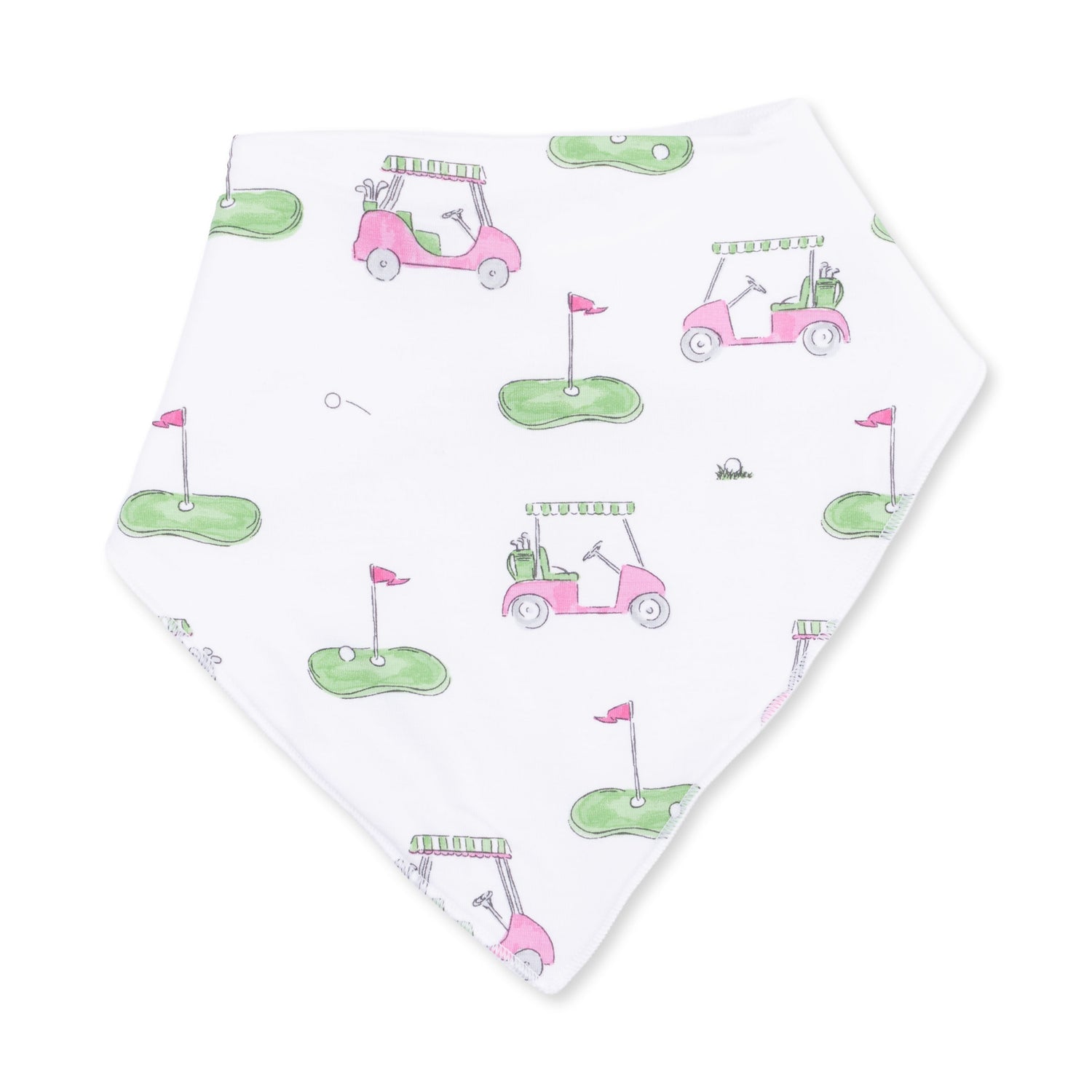 Bandana bib with a pink golf cart print and snap closure at the neck
