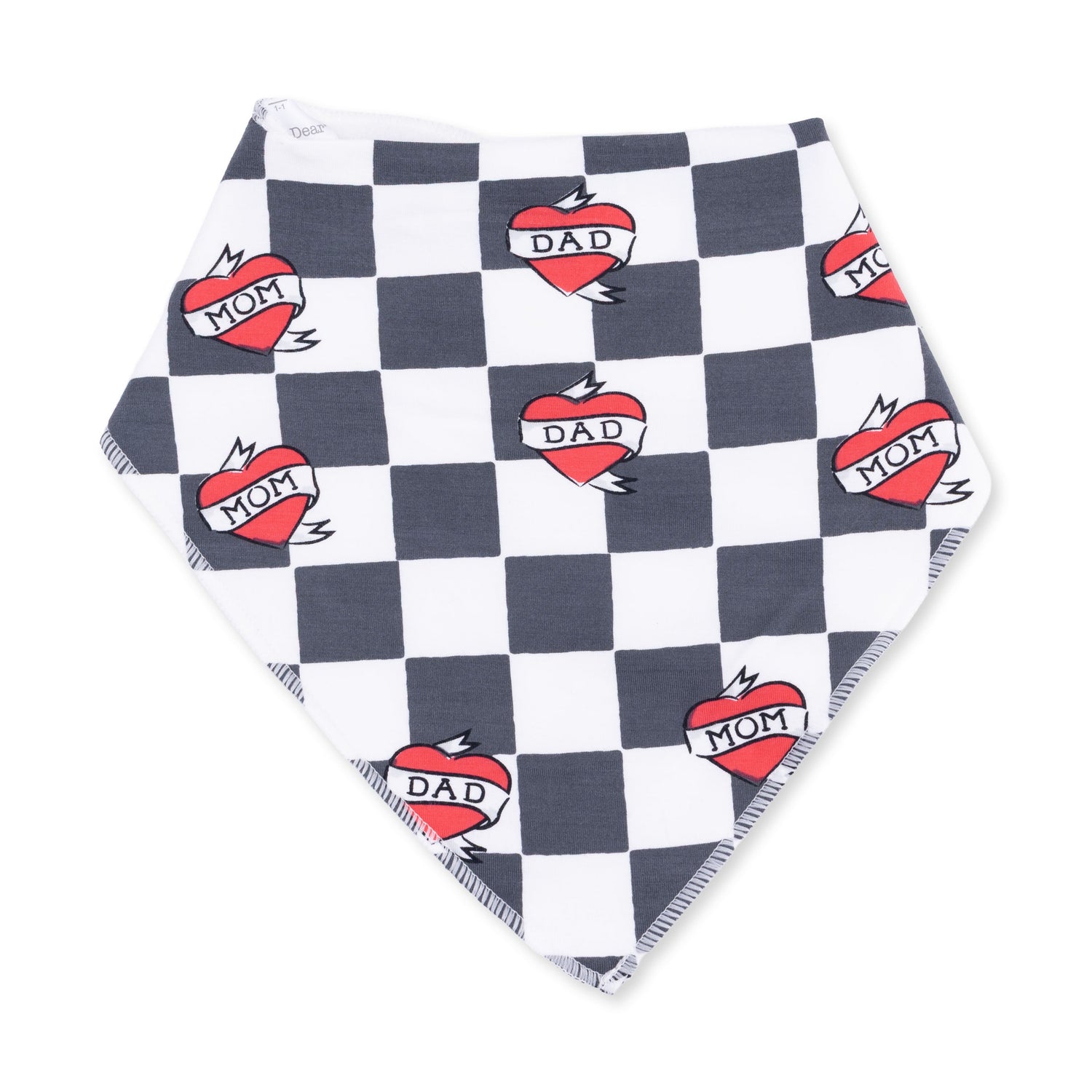 Bandana bib in black and white heart tattoo check print with snap closure at the neck