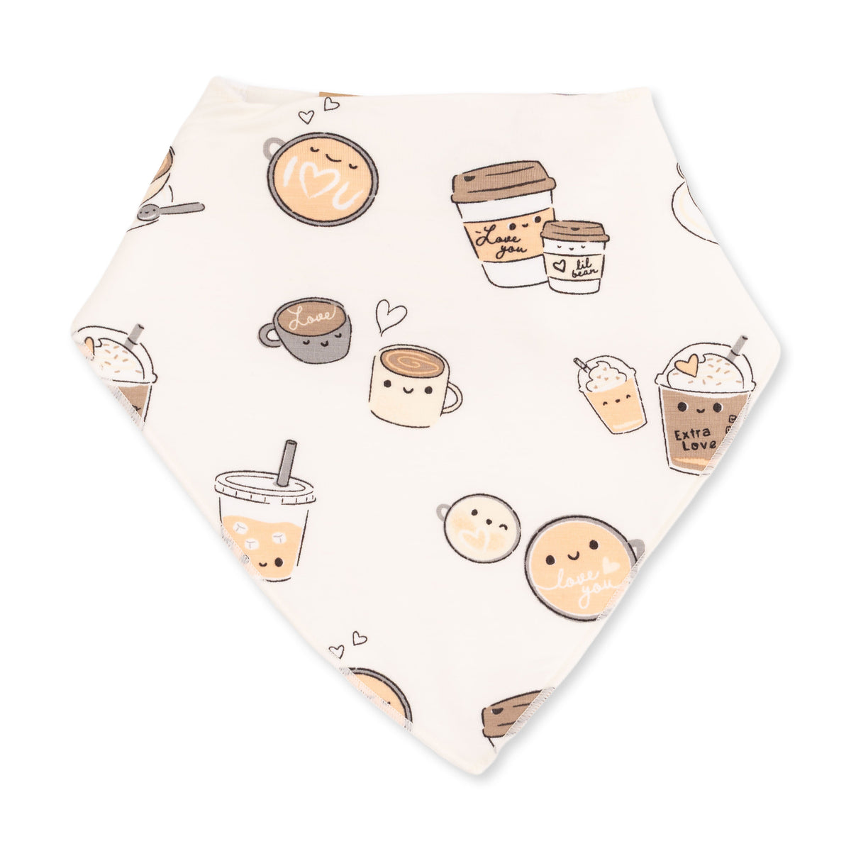 Bandana bib with a coffee-themed Love You A Latte print and snap closure at the back.