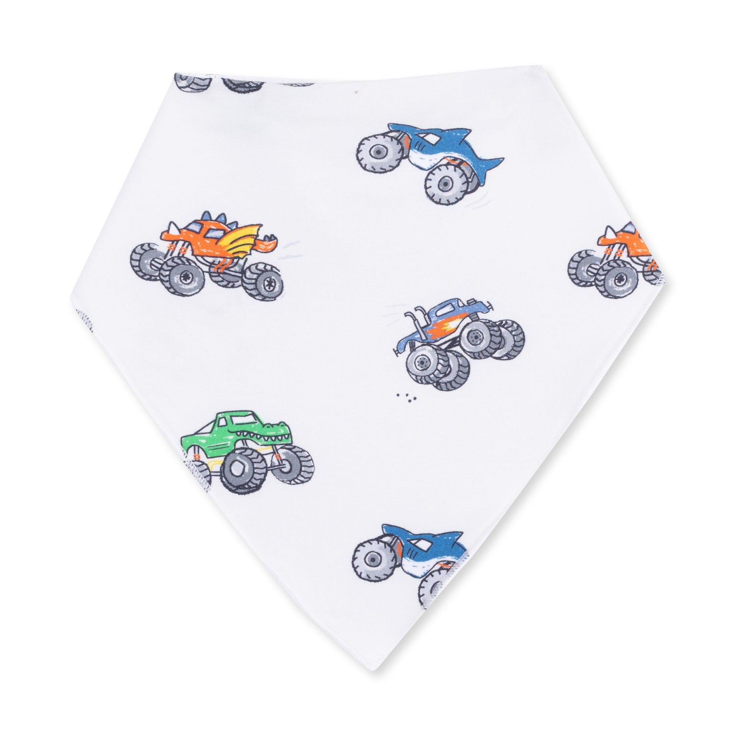Bandana bib with a monster trucks print and adjustable snap closure at the neck