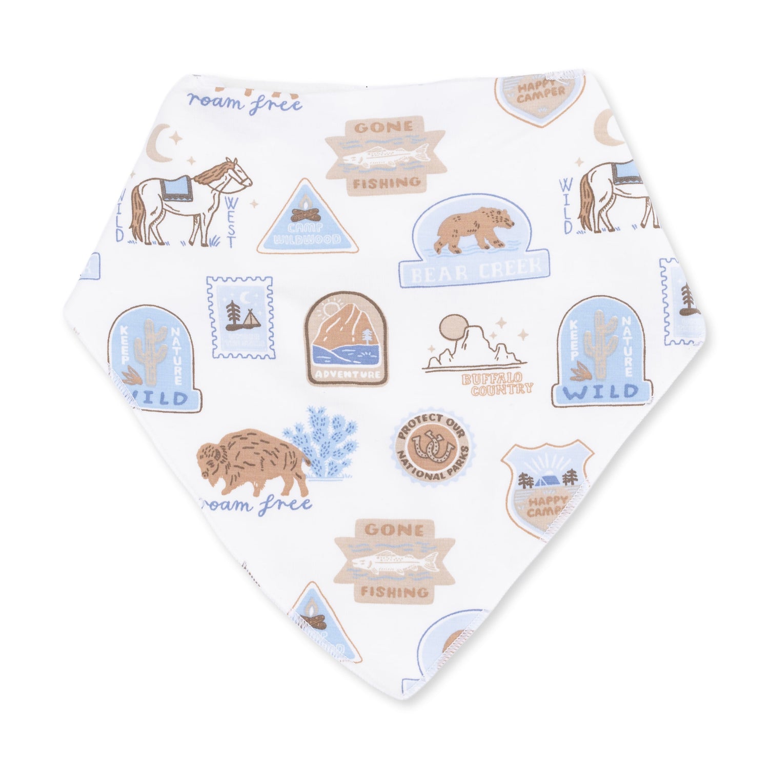 Bandana bib in a National Parks Adventure print with outdoorsy motifs and snap closure at the back