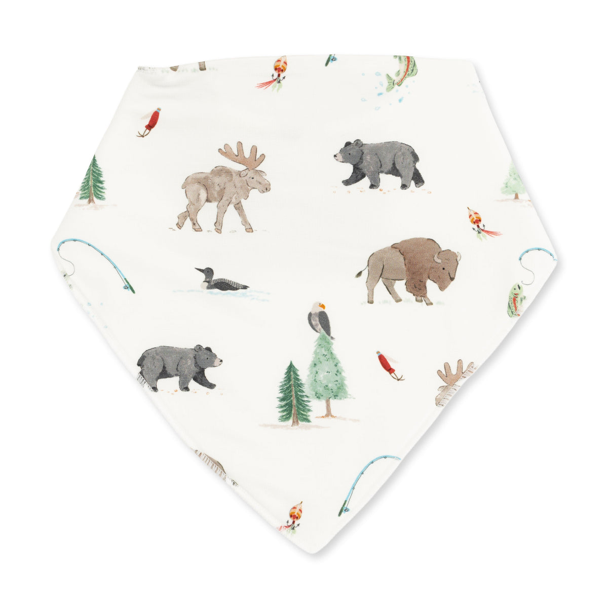 Bandana bib printed with a Northern Woodland animals pattern, with snap closure at the neck