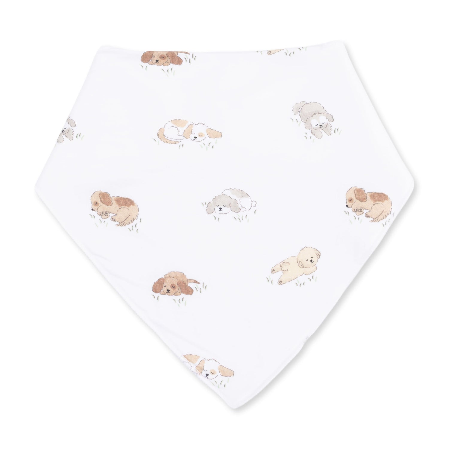 Bandana bib in the Puppy Snuggle Club print, covered in playful puppies, with a triangle shape and snap closure.