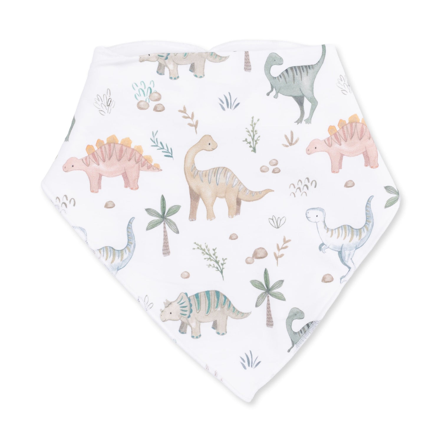 Bandana bib with a green and blue dinosaur print and snap closure at the neck