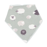 Bandana-style baby bib with black sheep print and adjustable snap closure at the neck