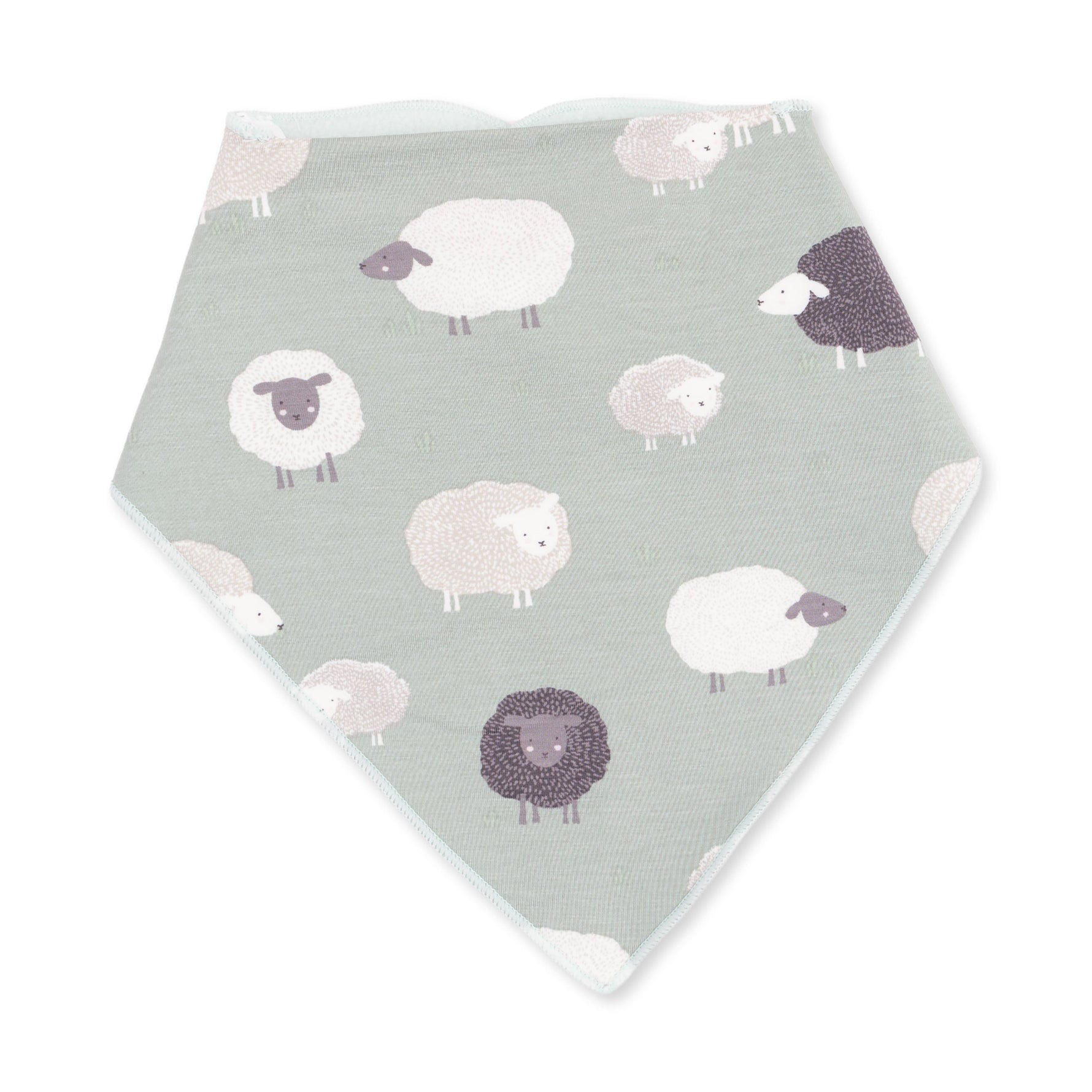 Bandana-style baby bib with black sheep print and adjustable snap closure at the neck