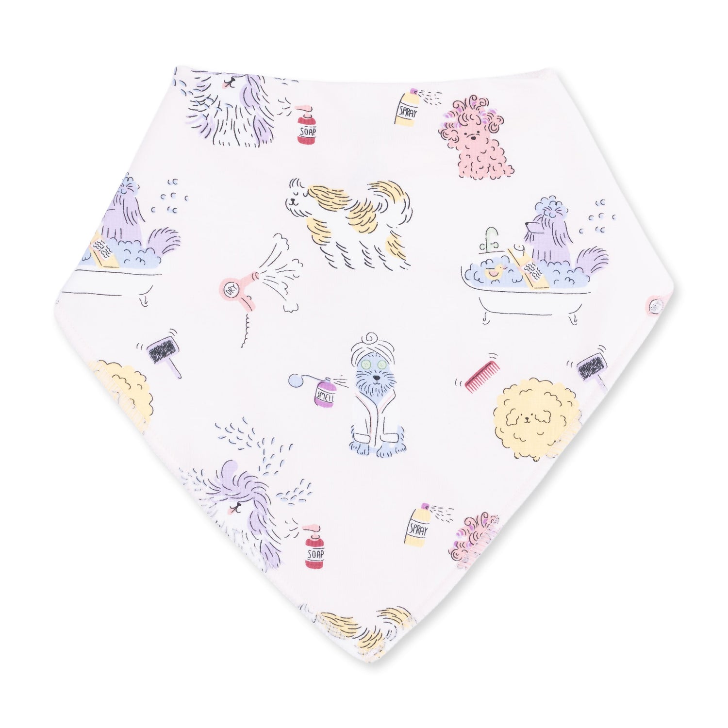 Bandana-style baby bib in the Spa Dogs print with adjustable snap closure
