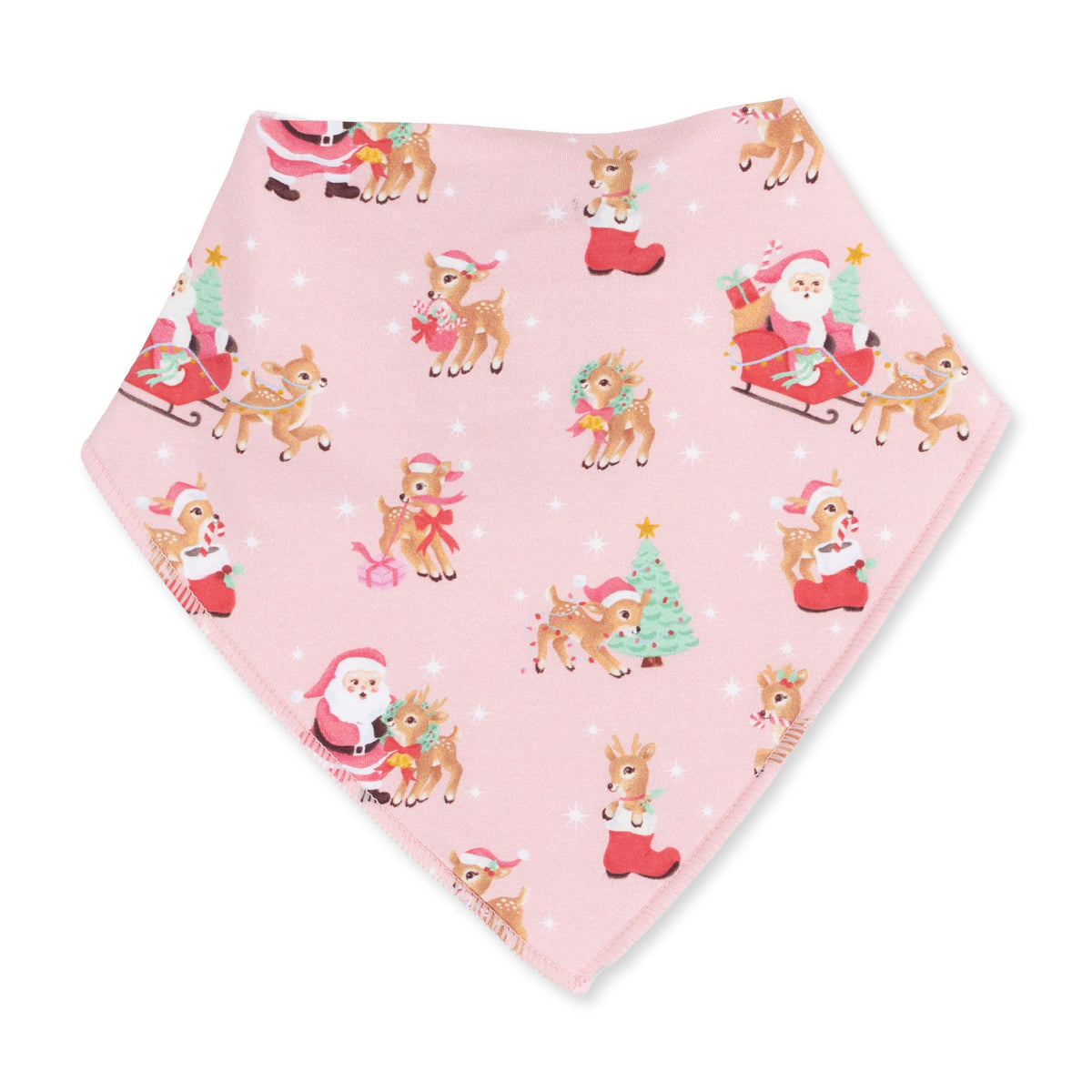 Pink bandana-style baby bib with a vintage reindeer and Santa print and snap closure