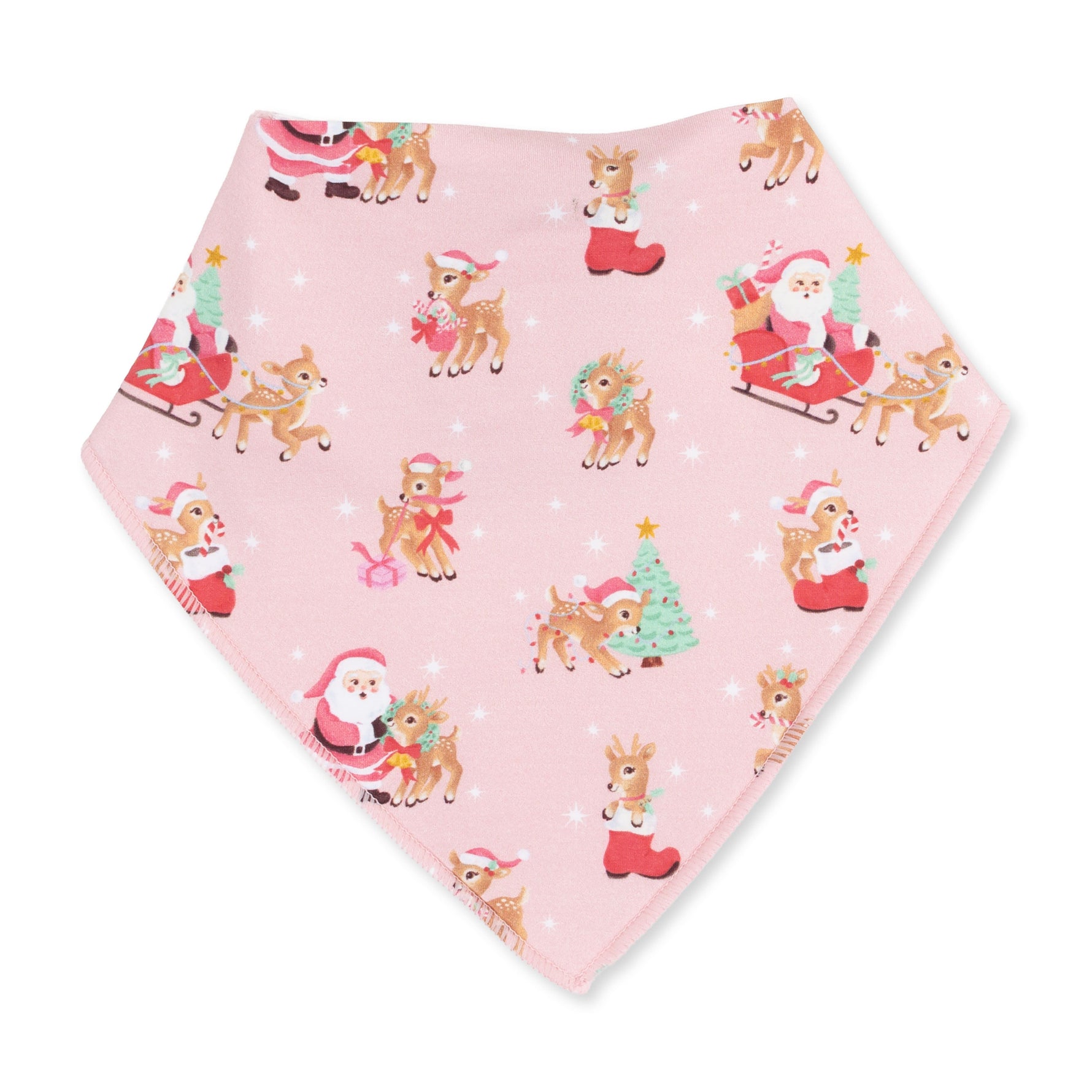 Pink bandana-style baby bib with a vintage reindeer and Santa print and snap closure
