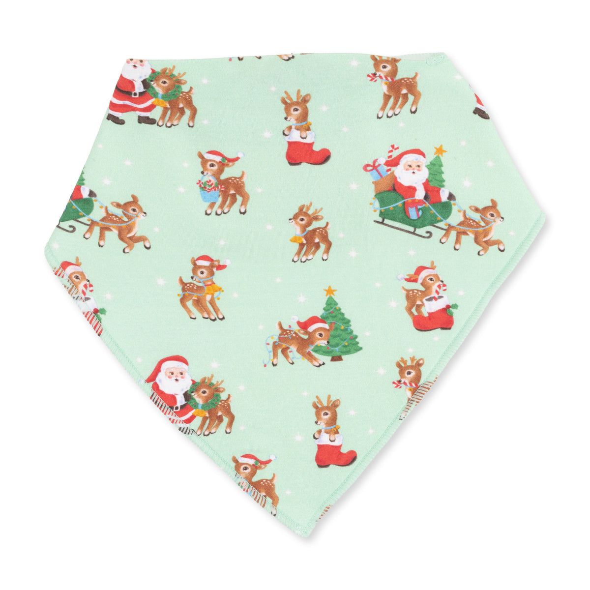 Baby bandana bib with a vintage reindeer and Santa print and snap closure at the neck