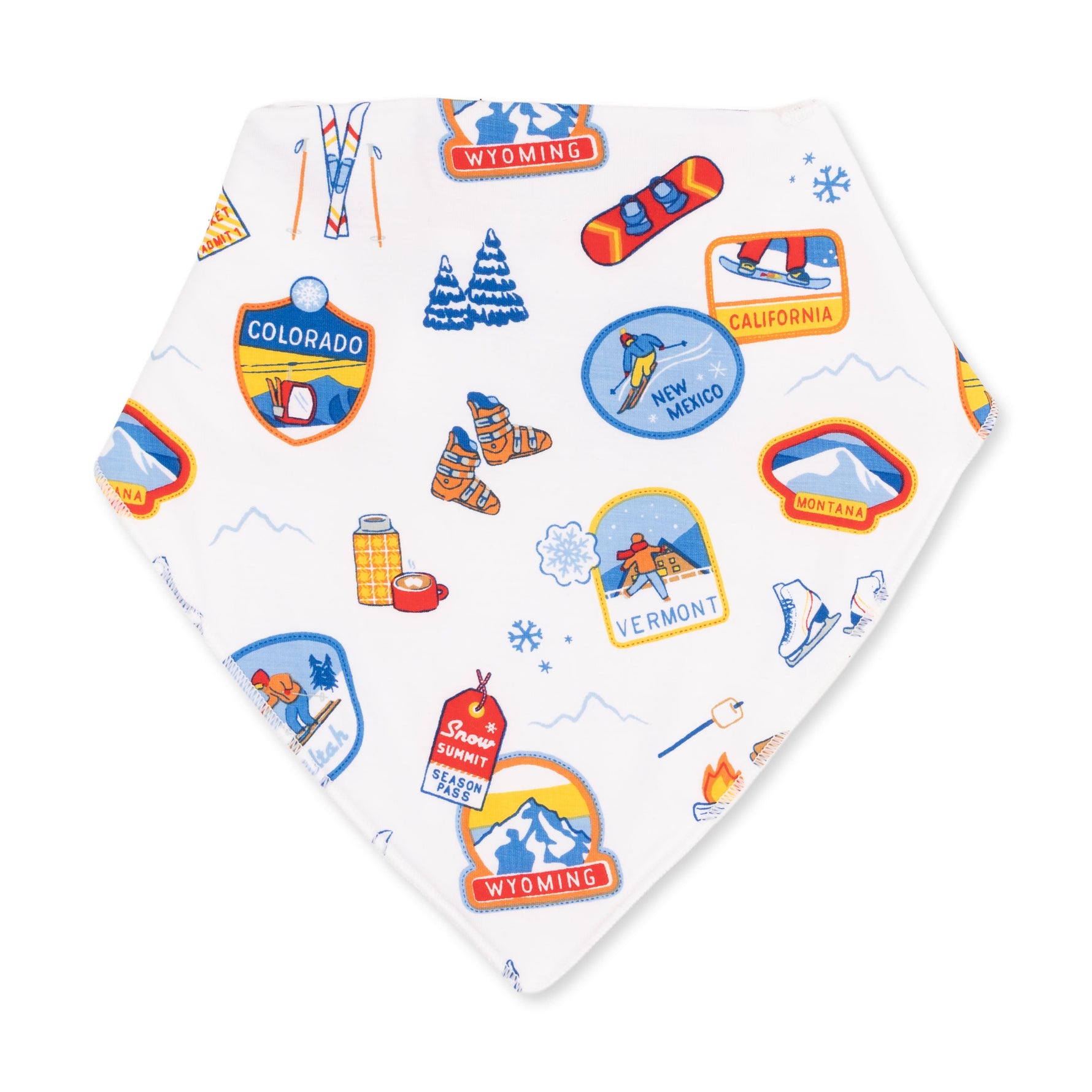 Bandana-style baby bib with vintage ski patches print and adjustable snaps