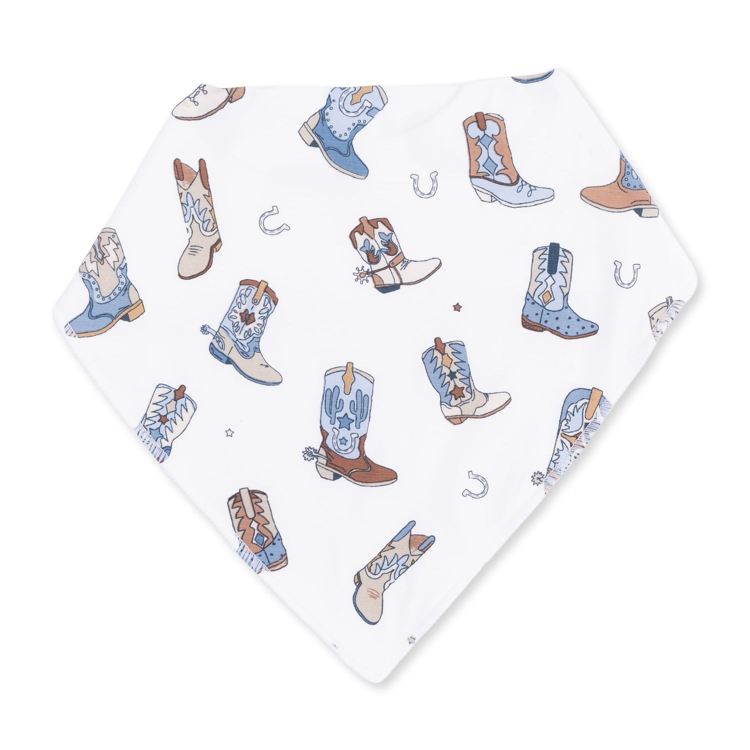 Bandana-style baby bib with a western cowboy boots print and snap closure at the back