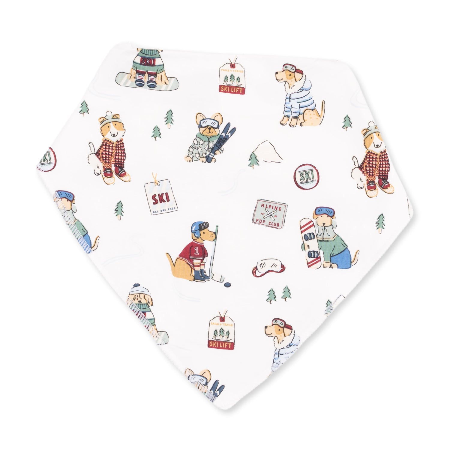 Green bandana bib with a winter sports dogs print and snap closure at the neck.