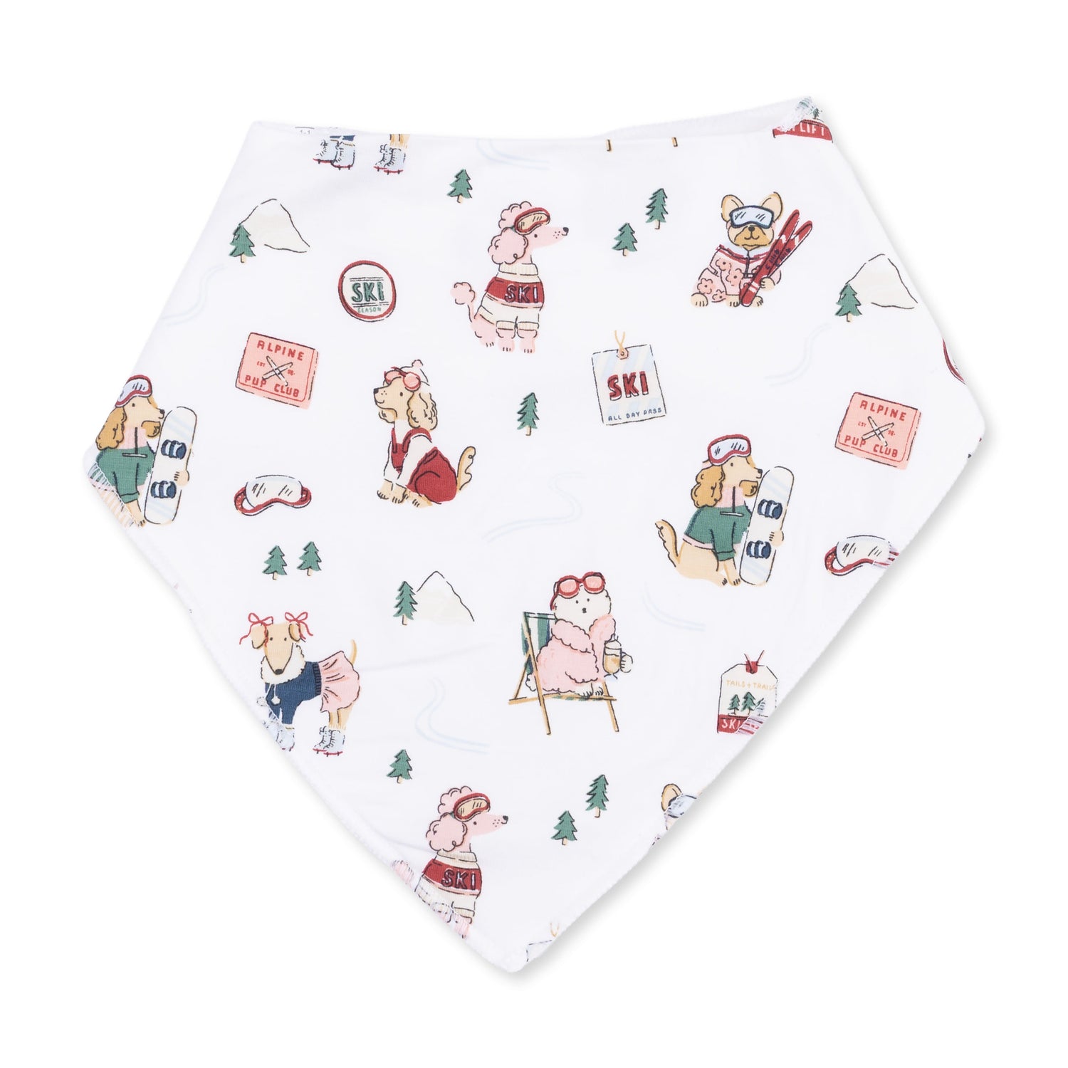 Pink bandana bib with a print of dogs playing winter sports