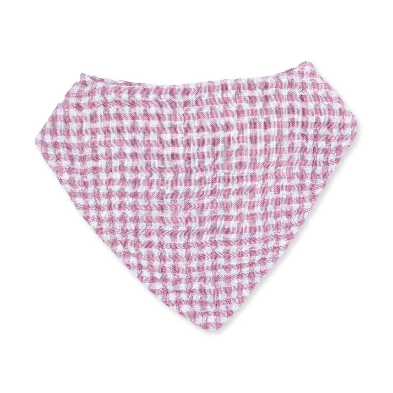 Bandana-shaped baby bib in berry-colored gingham print with a snap closure at the back.