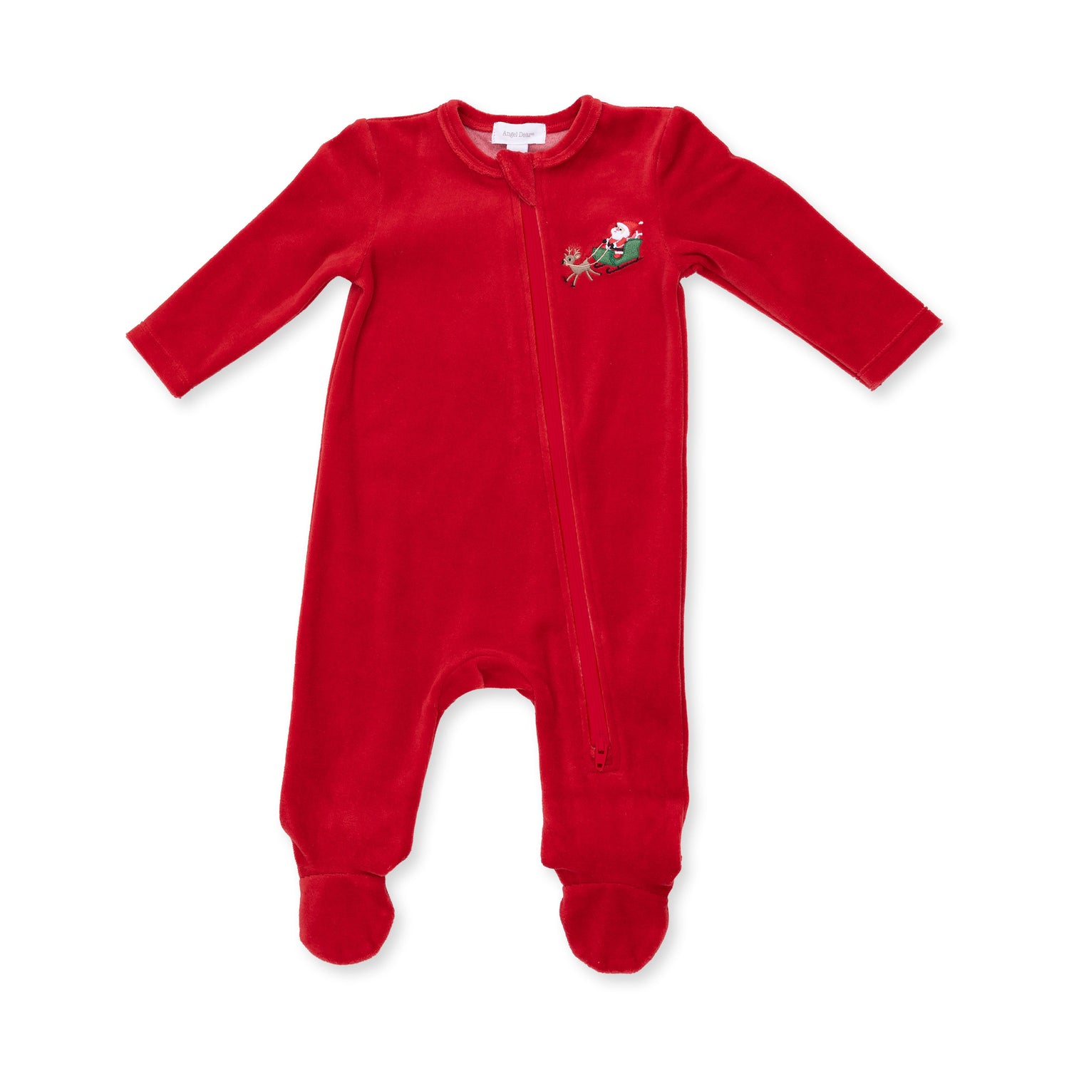 Baby velour footie pajama with covered feet and embroidered Santa on a sleigh design