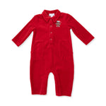 Red velour baby jumpsuit with gingerbread man applique on the chest, full-length front zipper, and candy cane in back pocket