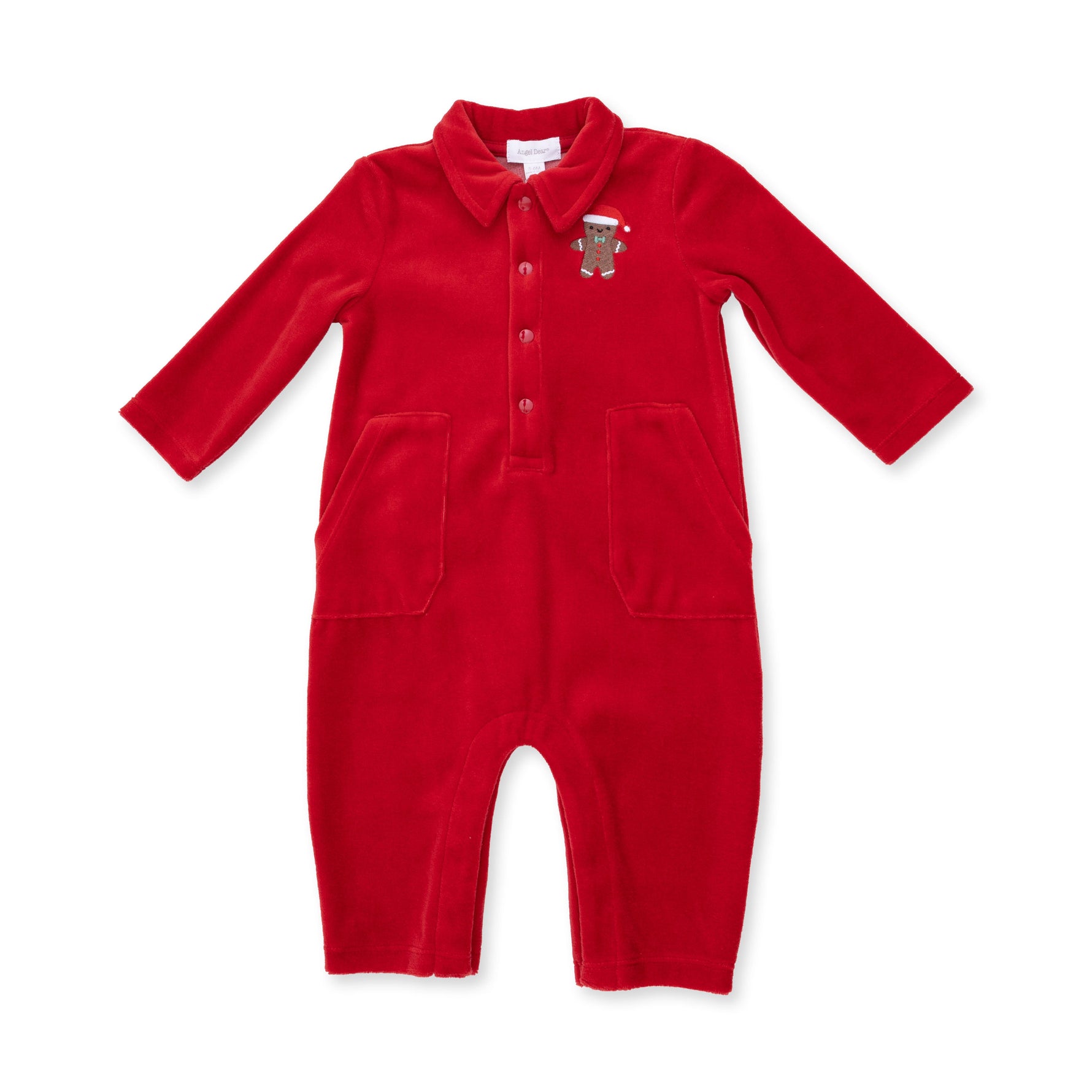 Red velour baby jumpsuit with gingerbread man applique on the chest, full-length front zipper, and candy cane in back pocket