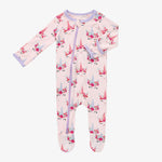 Pink baby footie pajamas with unicorn print, covered feet, and a full-length front zipper