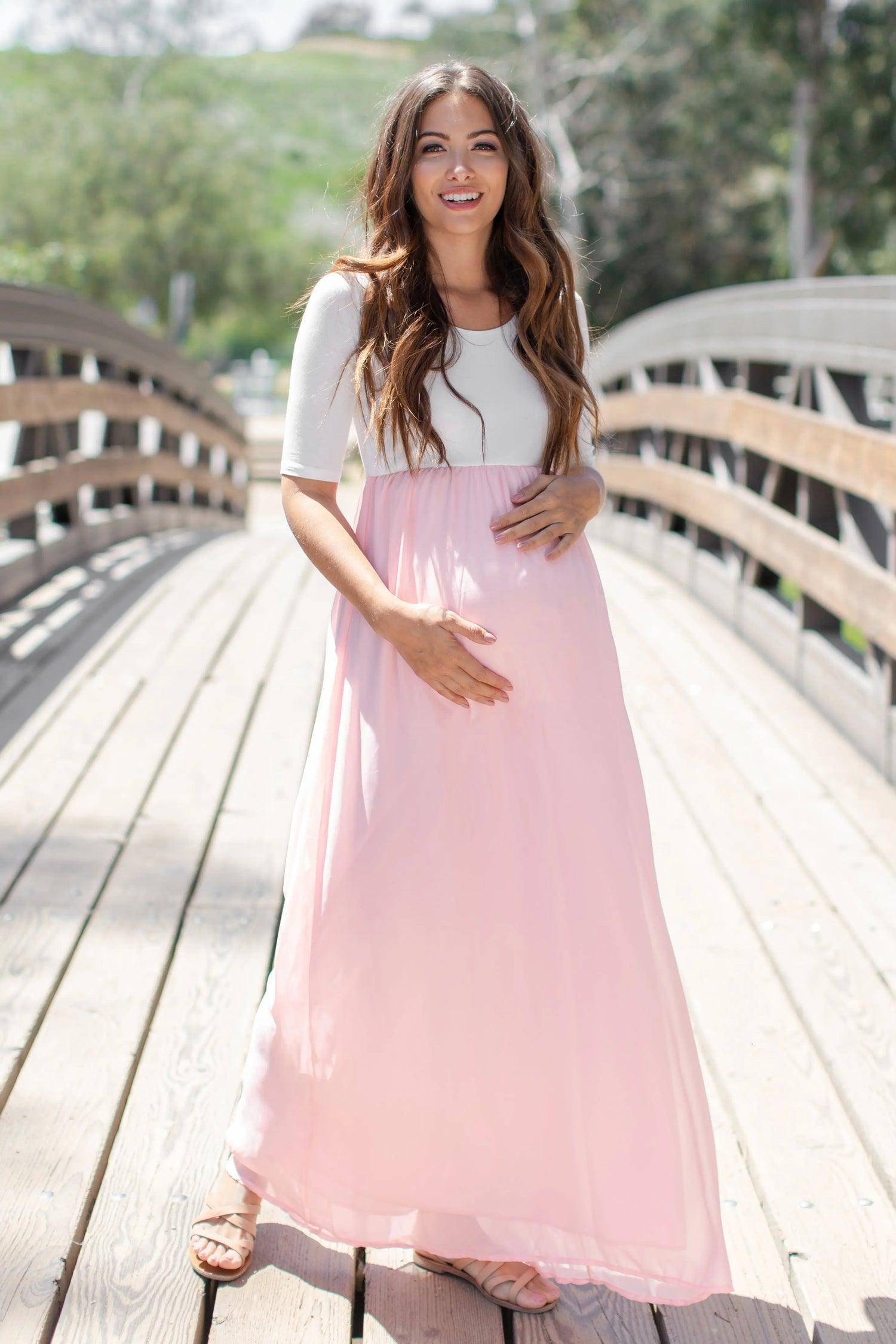 PinkBlush Petite Light Pink Chiffon Colorblock Maternity Maxi Dress PinkBlush 