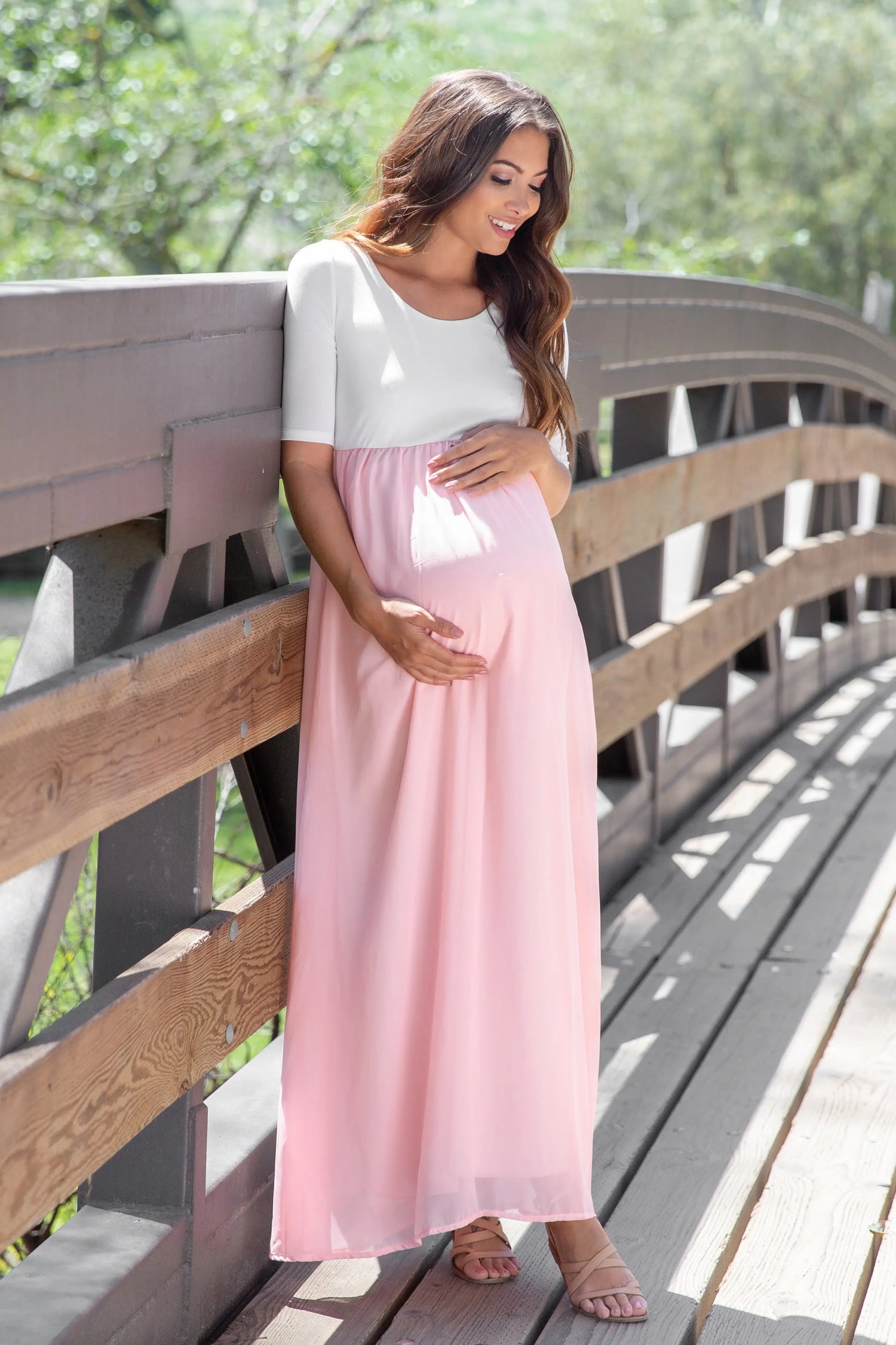 PinkBlush Petite Light Pink Chiffon Maternity Maxi Dress for Modern Moms - Everetts Place