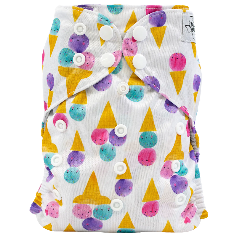 Slim Fit Pocket Cloth Diaper with colorful ice cream cone pattern, adjustable snaps.