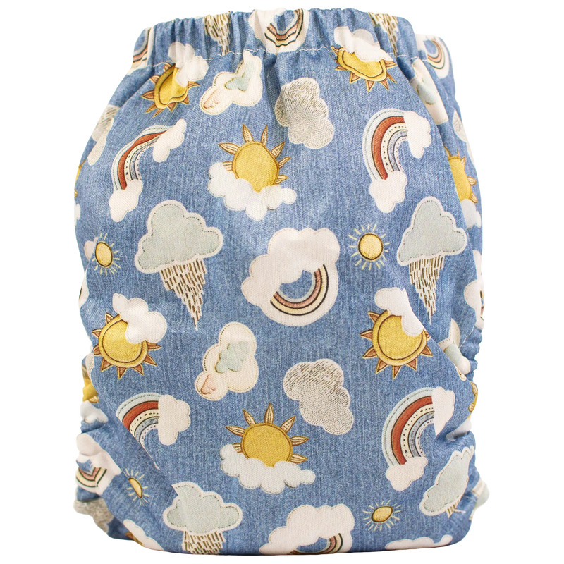 Slim Fit Pocket Cloth Diaper with sun and cloud pattern on blue fabric, designed for 8-40lbs babies, featuring a 3 by 4 rise setting and wide pocket opening.