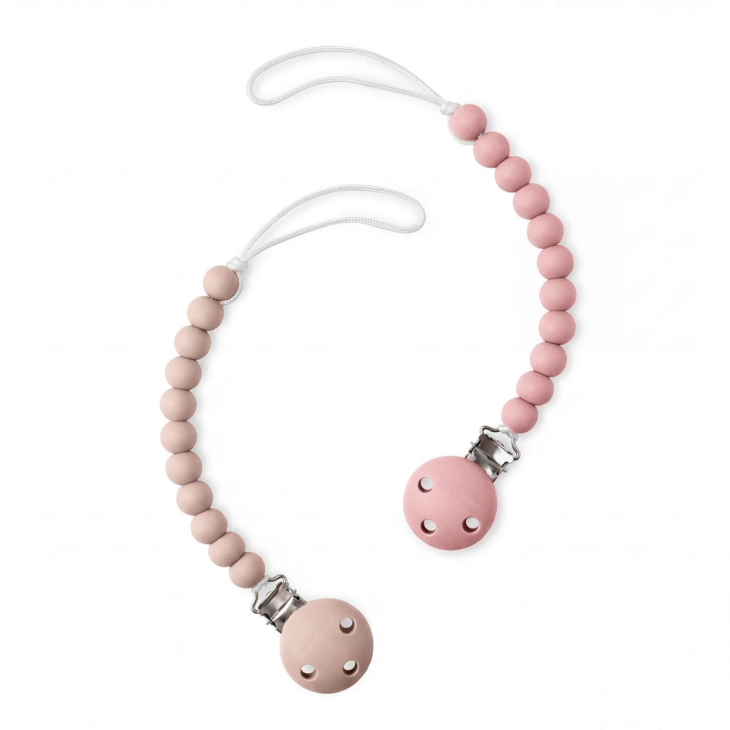 Two beaded pacifier clips in blush pink and mauve