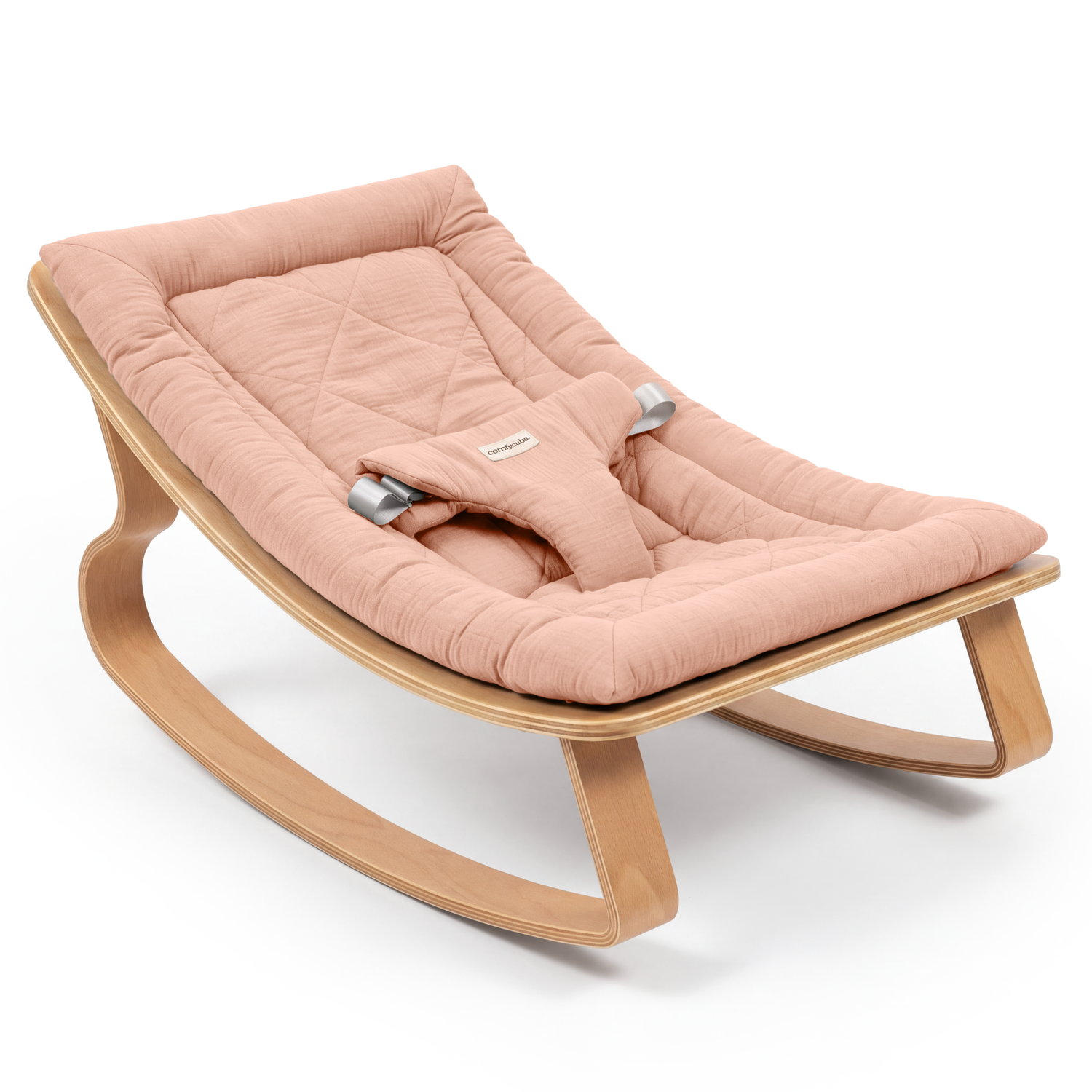 Infant and toddler rocker with a wooden frame and soft muslin cushion