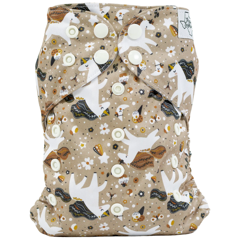 Slim Fit AIO Cloth Diaper with natural absorbency and adjustable snaps, featuring a whimsical pattern.