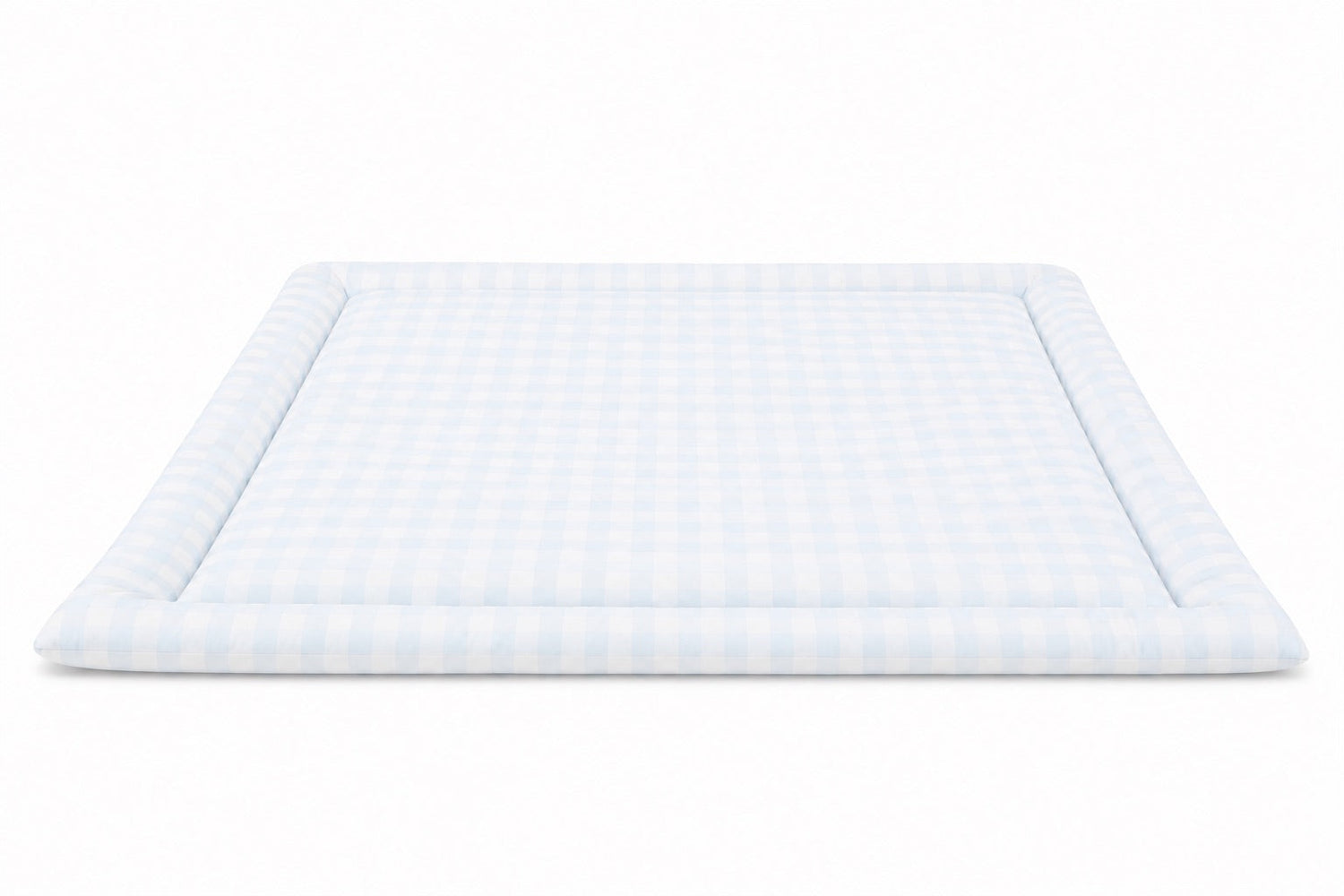Light blue checkered padded baby play mat with double-sided pattern