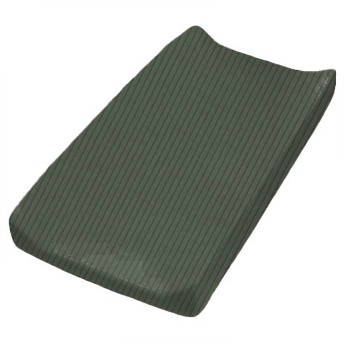 Close-up of a soft, organic moss green ribbed changing pad cover on a baby changing table.