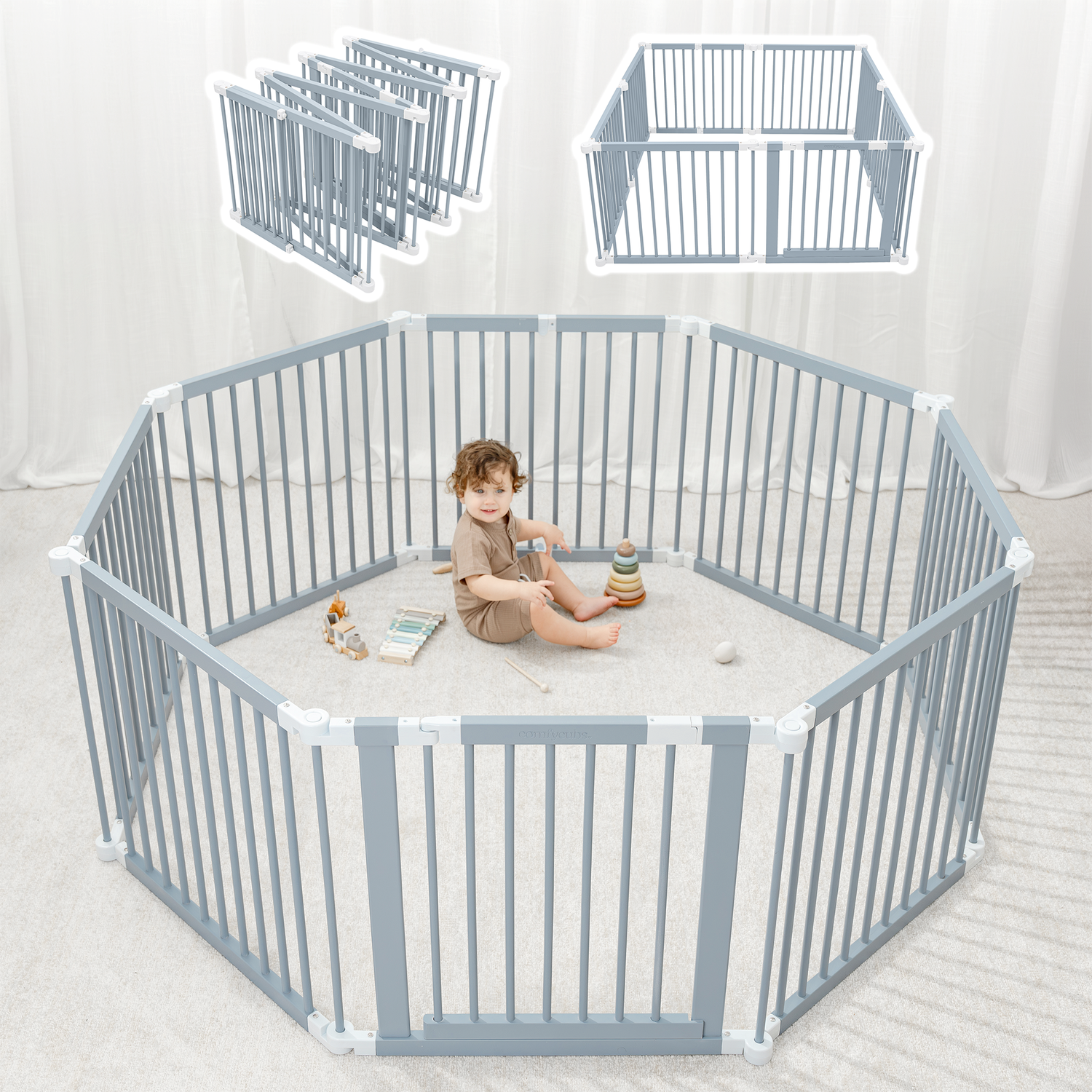 Wooden baby playpen in pacific blue made of natural pine, foldable with a latch door