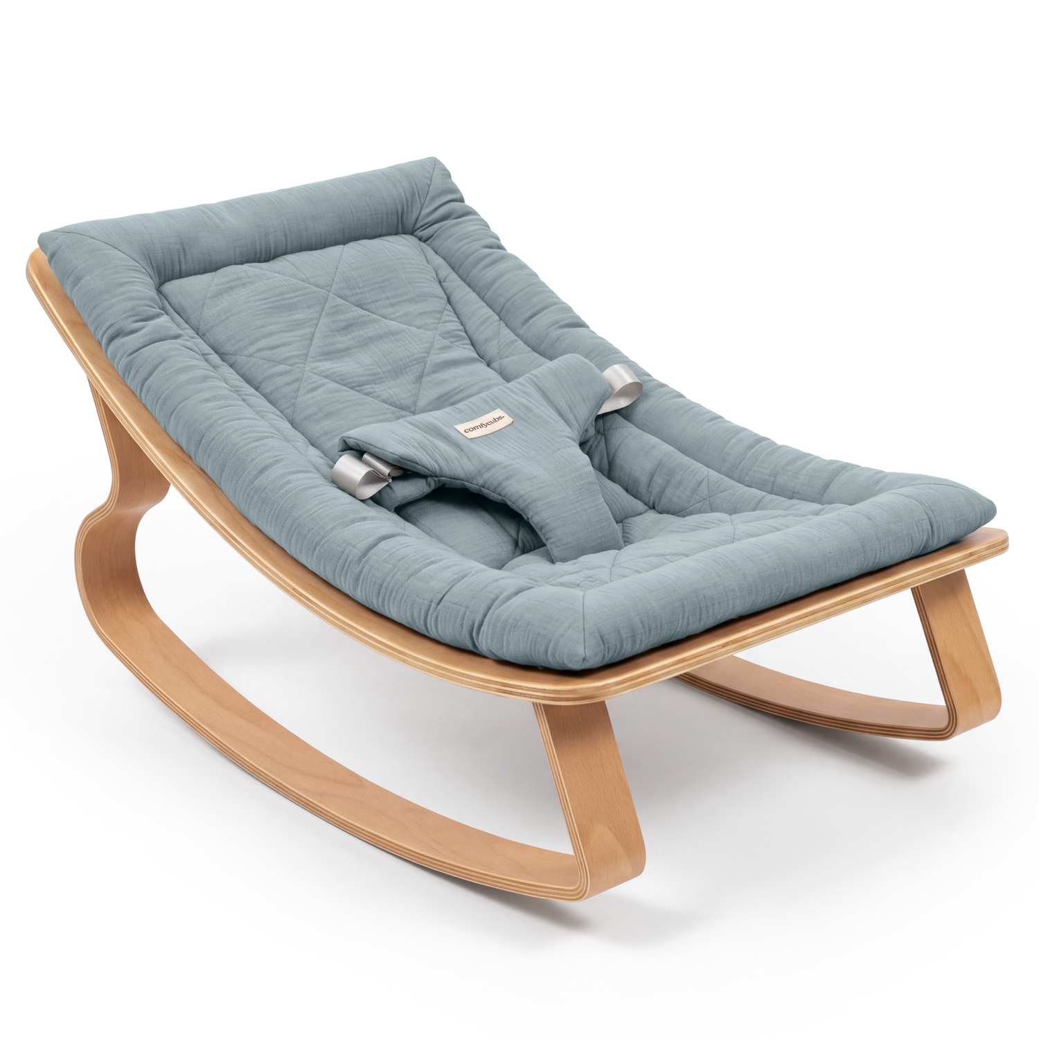 Baby rocker with a wooden frame and soft cushioned seat for infants and toddlers